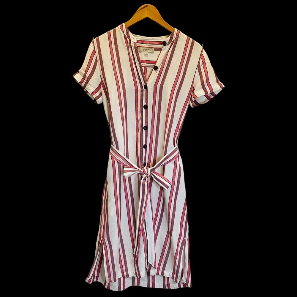 Loft Stripped Dress Button Front Multicolored